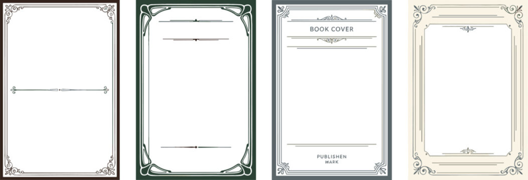 Vintage Book Cover and Elegant Certificate Border Vector Template Set with Decorative Art Nouveau Frames Corners Ornate Lines and Retro Filigree Edges