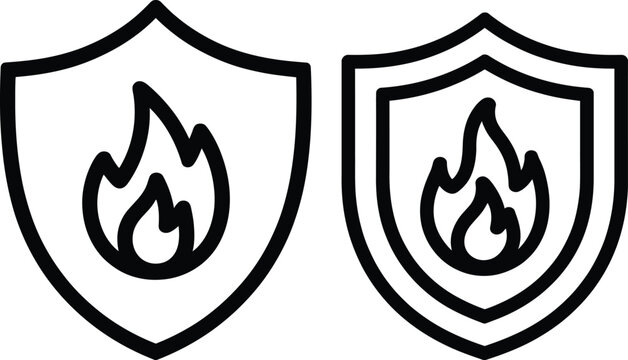 Black and white fire shield emblem icons with flames