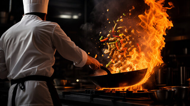 Chef flamb&eacute;s vegetables in a wok with intense flames erupting dramatically, showcasing high-heat cooking and culinary skill in professional kitchen.