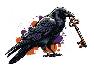 Naklejka premium Raven with Antique Rusty Key Gothic Vector Illustration Isolated on White Background