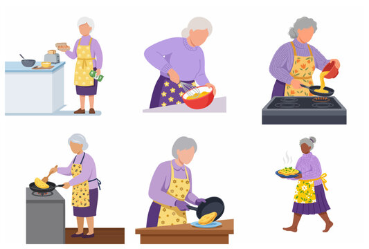Set of senior woman characters cooking omelet, grandmother preparing breakfast, whisking eggs and frying in pan, flat vector illustration for domestic life and healthy elderly lifestyle