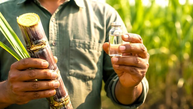 Farmer holding sugarcane and ethanol sample in field