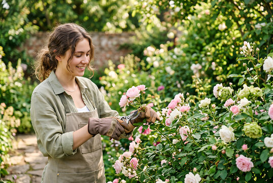 Smiling woman pruning flowers in garden with roses and greenery