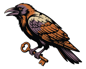 Naklejka premium Mysterious Raven with Old Key Gothic Fantasy Vector Illustration Isolated on White Background