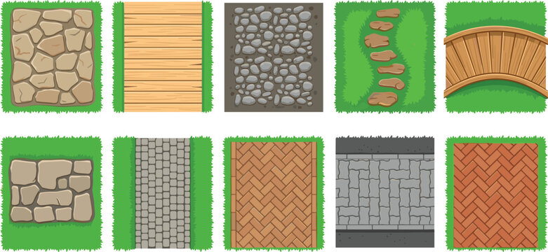Top View Landscape Path Pattern Vector Set Featuring Stone Pavement Brick Walkways Wooden Decking and Bridge Tiles for Garden Map Design