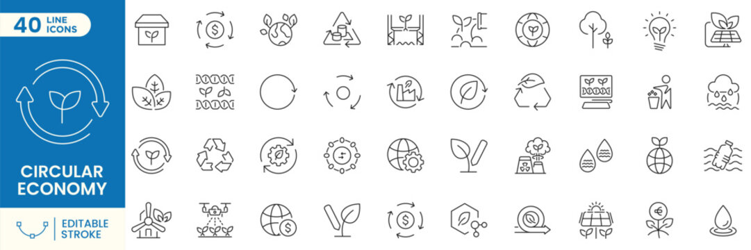 Circular economy sustainability line icons, recycling, renewable energy and environmental protection. Contain icons related to eco business and resource management. Editable stroke