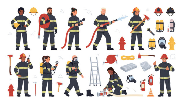 Firefighter and Emergency Rescue Vector Character Set Featuring Brave Firemen Holding Hoses Axes Ladders Hydrants Extinguishers and Protective Uniform Safety Gear