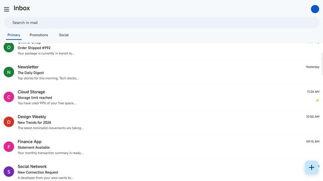 Digital email interface displaying a list of unread messages and incoming communication alerts