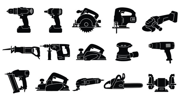 Set of power tools icons collection of construction equipment, repair and building tools