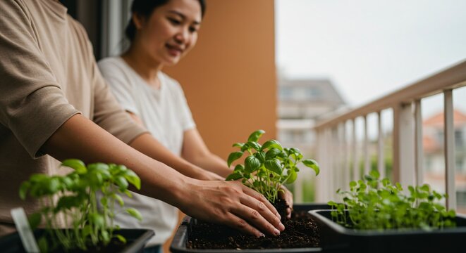 Two happy women planting young green basil seedlings in soil in pots on a sunny apartment balcony