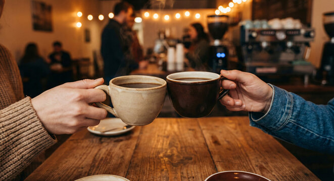 Two people cheering with coffee mugs in a cozy coffee shop during daytime with warm interior lighting