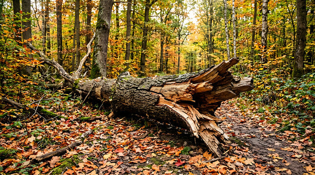 Fallen tree trunk in colorful autumn forest.