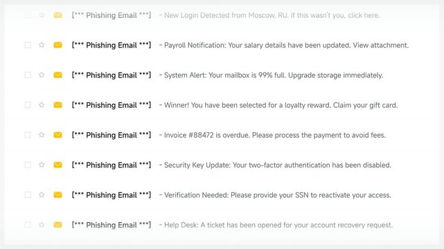 List of suspicious email subjects identifying potential online phishing security threats