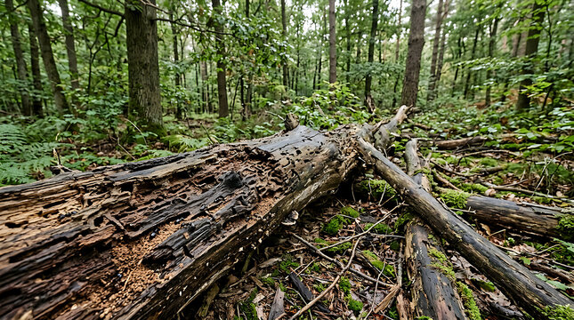 Fallen tree trunk in dense green forest.