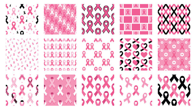 Set of seamless patterns with pink and black ribbons for breast cancer awareness month