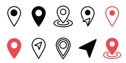 Map Pin Navigation Marker Icon Set editable stroke — A versatile collection of ten map location pins, navigation pointers, and target markers in outline, solid, and red accent styles for GPS tracking. © Pure Visuals