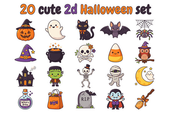 Cute Halloween Characters and Icons Flat Vector Illustration Set