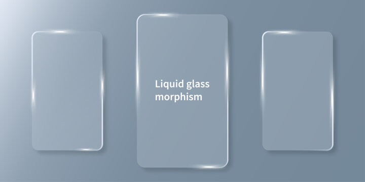 Three empty glass cards with rounded corners and glossy reflections float against a gray background to present modern user interface design templates