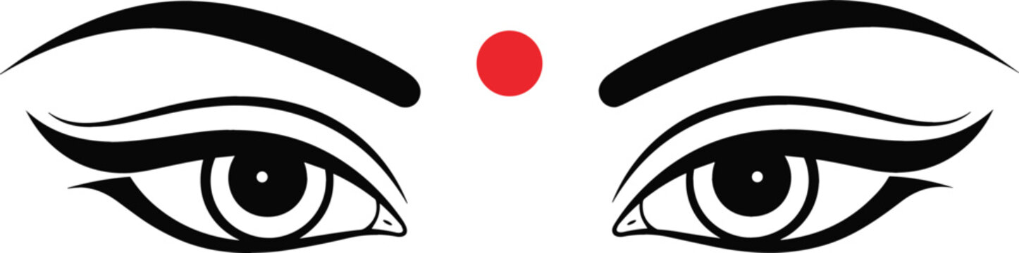 Goddess Durga Eyes Vector Icon Featuring Traditional Indian Line Art and Red Bindi Dot Accent for Durga Puja Festivals, Navratri Celebrations, and Hindu Cultural Designs