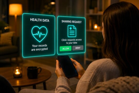 Health data sharing request with encrypted records notification