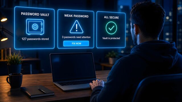 Password manager vault showing weak passwords and secure status