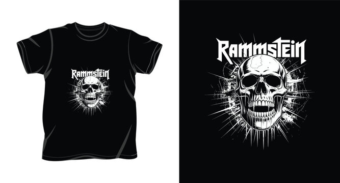 Rammstein band typography with skull graphic black and white t shirt apparel print art.