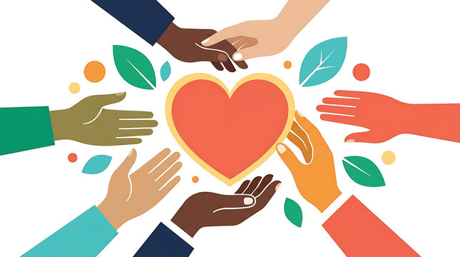Diverse group of hands holding a red heart with leaves in flat style