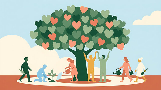 Diverse group of people caring for a large tree in a sunny landscape