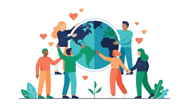Diverse group of happy people standing together around planet earth globe