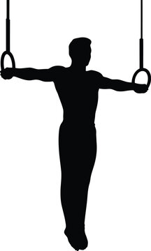 Black silhouette of a male gymnast performing on rings gymnastics sport