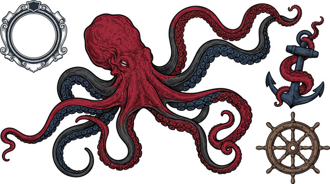 Vintage Nautical Octopus and Giant Kraken Monster Element Set with Ship Steering Wheel Anchor and Ornate Circular Baroque Border Frame for Tattoo Designs