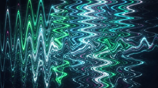 Abstract digital background featuring vibrant glowing light waves in shades of blue and green creating a dynamic fluid motion energy effect