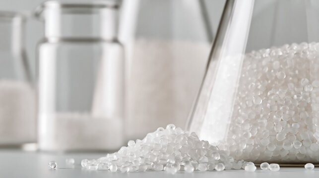 White plastic polymer pellets isolated on transparent background. Industrial raw material for chemical manufacturing and plastic production concept.