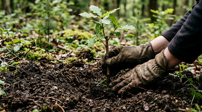 Hands planting a young sapling in forest soil 2.