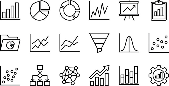 Minimalist Black Line Data Analytics and Statistical Chart Icon Set Featuring Pie Charts Scatter Plots Funnels Flowcharts and Infographic Progress Symbols