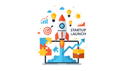 Naklejka premium Startup Launch Concept with Rocket Taking Off from Laptop Screen