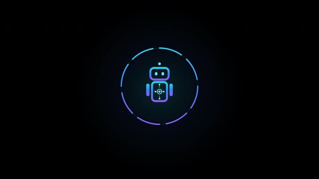 Neon robot assistant icon design for motion graphics and digital animation sequences with futuristic glowing interface elements