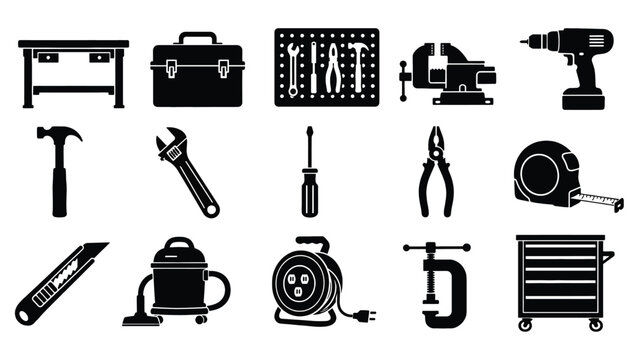 Set of construction and repair tools icons, workshop equipment and hardware elements