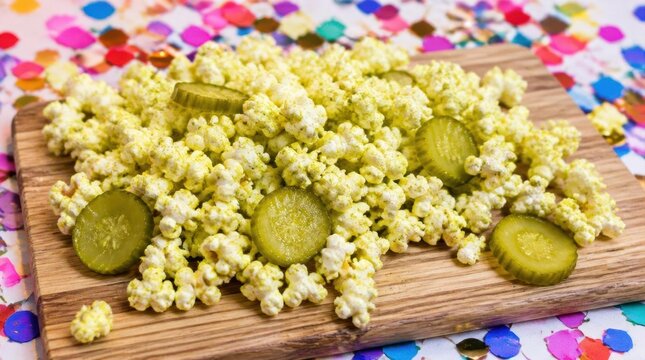 Pickle-flavored popcorn spilled across a wooden board with gigapixel high-fidelity v2-6x