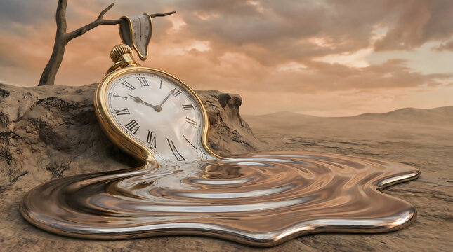 Surrealist melting gold pocket watches on rocks in a desert under a cloudy sunset sky.