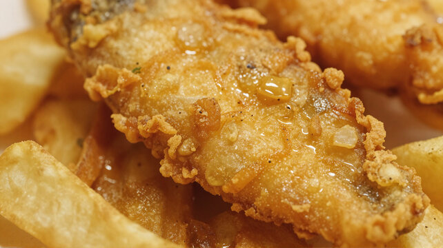 Crispy battered fish fillet served with golden french fries in a close up food photography shot