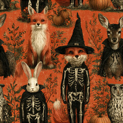 Naklejka premium Halloween fox rabbit deer owl pumpkin skeleton witch hat pattern with autumn leaves and spooky forest animals