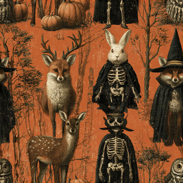 Vintage Halloween pattern with deer, rabbit skeleton, fox in witch hat, owl, pumpkin, and spooky forest background