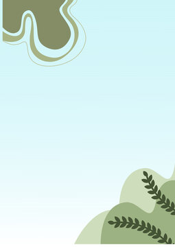 Serene Abstract Green Foliage and Organic Shapes Background with Smooth Blue Gradient, a Minimalist Design for Calm Visuals and Nature-Inspired Layouts