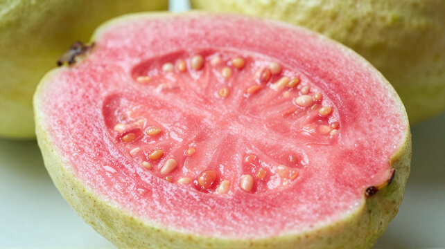 Fresh pink guava cut in half showing its inner flesh and seeds on a bright surface