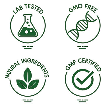 Green Icons, Lab Tested GMO Free Natural Ingredients and GMP Certified Products for Quality Assurance, Organic Standards, Safety, and Vector Design