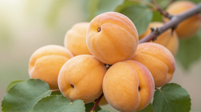 Fresh ripe apricots hanging on a branch of a fruit tree in an orchard ready for harvesting