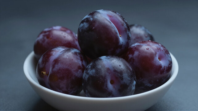 Fresh purple plums in a white bowl on dark background close up studio photography