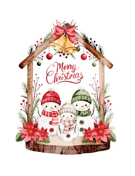 Watercolor Illustration of Christmas Decoration with Cute Snowmen