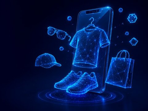 Digital wireframe illustration of apparel shoes accessories shopping bag emerging from a smartphone screen. mobile shopping with shopping smartphone wireframe. mobile shopping